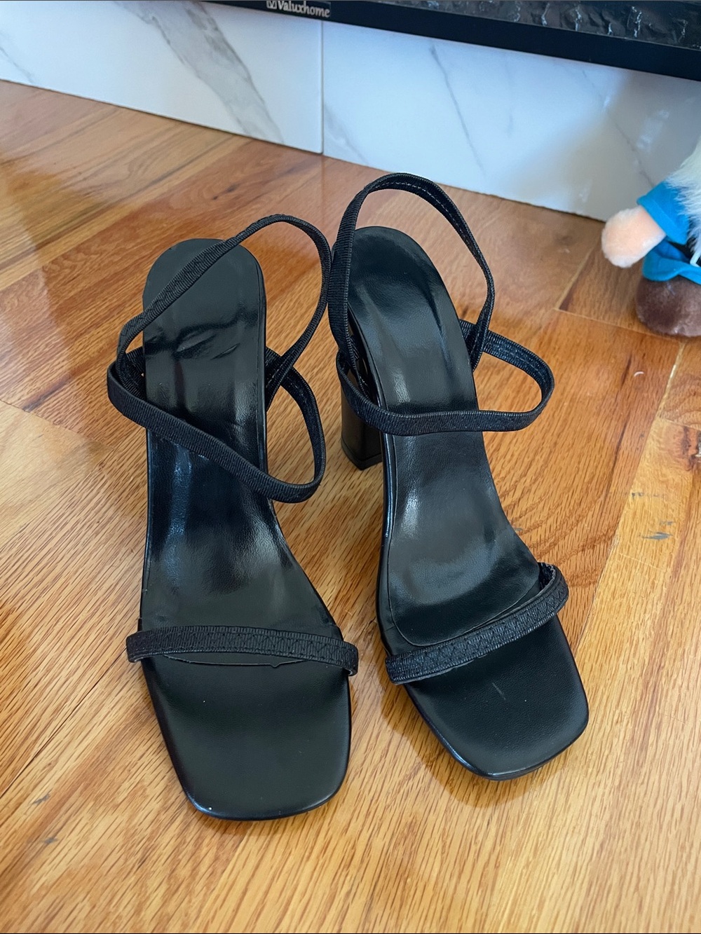 Black Strappy Square-Toe Heeled Sandals